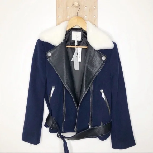 NWT JOIE FAYANA WOOL- LEATHER COZY NAVY MOTO JACKET - Picture 5 of 13